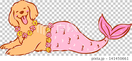 Summer Dog Golden Retriever Mermaid with Flower Lei Whimsical Hand Drawn Cartoon Character Summer Dog Golden Retriever Mermaid with Flower Lei Whimsical Hand Drawn Cartoon Character 141450661