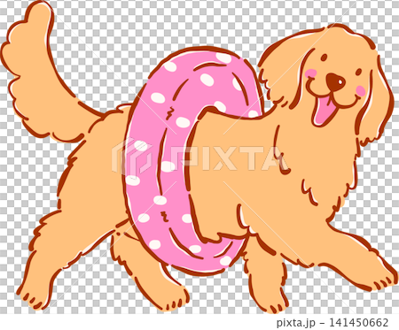 Summer Dog Golden Retriever walking with Pool Float Whimsical Hand Drawn Cartoon Character Summer Dog Golden Retriever walking with Pool Float Whimsical Hand Drawn Cartoon Character 141450662