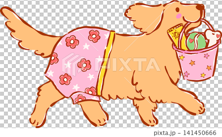 Summer Dog Golden Retriever Wearing Pajamas and Carrying a Basket Whimsical Hand Drawn Cartoon Character Summer Dog Golden Retriever Wearing Pajamas and Carrying a Basket Whimsical Hand Drawn Cartoon Character 141450666