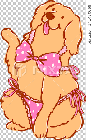 Summer Dog Golden Retriever wear Pink Bikini Whimsical Hand Drawn Cartoon Character 141450668
