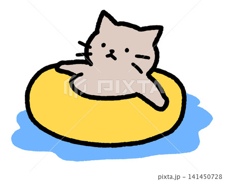 浮き輪に乗ってくつろぐ猫の手描きイラスト 浮き輪に乗ってくつろぐ猫の手描きイラスト 141450728