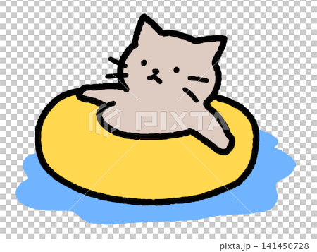 浮き輪に乗ってくつろぐ猫の手描きイラスト 浮き輪に乗ってくつろぐ猫の手描きイラスト 141450728