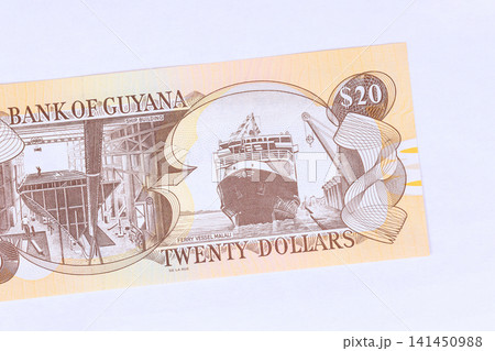 Twenty Guyanese dollar banknote as part of official currency of Guyana. Twenty Guyanese dollar banknote as part of official currency of Guyana. 141450988