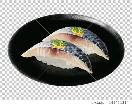 黑色盤子上的握壽司(鯖魚)。 黑色盤子上的握壽司(鯖魚)。 141451314