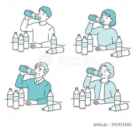 ペットボトル症候群(清涼飲料水ケトーシス)で炭酸飲料を大量に飲む人々のイラストセット ペットボトル症候群(清涼飲料水ケトーシス)で炭酸飲料を大量に飲む人々のイラストセット 141451692