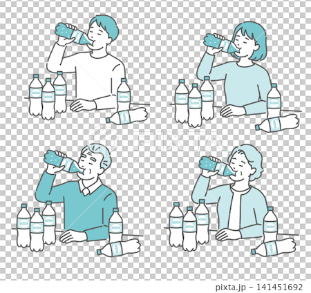 ペットボトル症候群(清涼飲料水ケトーシス)で炭酸飲料を大量に飲む人々のイラストセット ペットボトル症候群(清涼飲料水ケトーシス)で炭酸飲料を大量に飲む人々のイラストセット 141451692