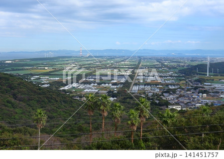 電照菊のビニールハウスが並ぶ渥美半島と三河湾の風景（愛知県田原市） 141451757