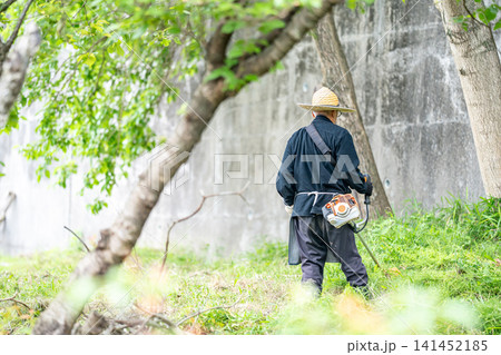 初夏に草刈り機で草刈りをする高齢男性 初夏に草刈り機で草刈りをする高齢男性 141452185