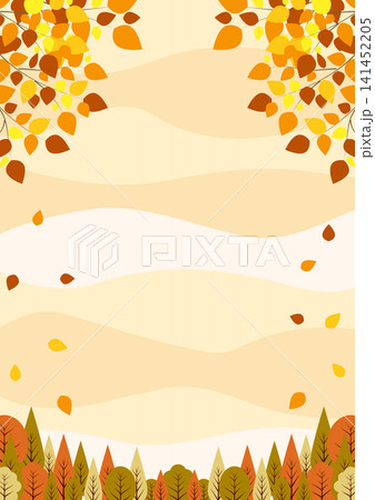 秋の森林背景、紅葉、かわいい、イラスト、縦 141452205