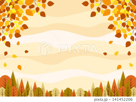 秋の森林背景、紅葉、かわいい、イラスト、横 141452206