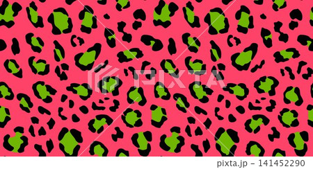 Trendy red green leopard seamless pattern. Repeated vibrant cheetah background. Repeating exotic animal skin surface for textile design, fashion print. Bright safari theme wallpaper. Vector backdrop 141452290
