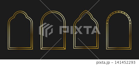 Thin gold metal arc frame set. Golden arch border collection. Art deco style shining curve cadre bundle. Vector luxury glowing shiny boarder element pack for photo, poster, card. Door or window shapes 141452293