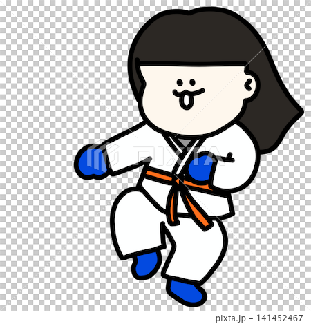 An illustration of a young woman in a martial arts uniform dodging an enemy's attack, with blue gloves and an orange belt. 141452467