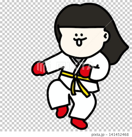 An illustration of a female student energetically participating in sports while wearing a martial arts uniform, with red gloves and a yellow belt. 141452468