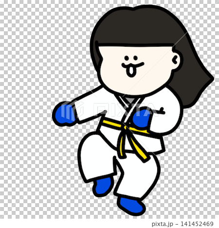 An illustration of a young woman in a karate uniform gracefully dodging karate techniques, wearing blue gloves and a yellow belt. 141452469