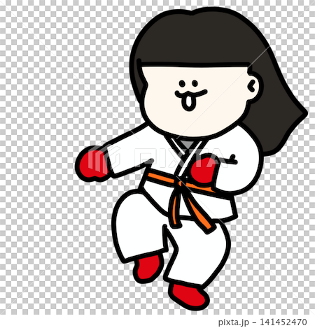 An illustration of a young woman in a martial arts uniform striking a playful pose. Red gloves, orange belt. 141452470