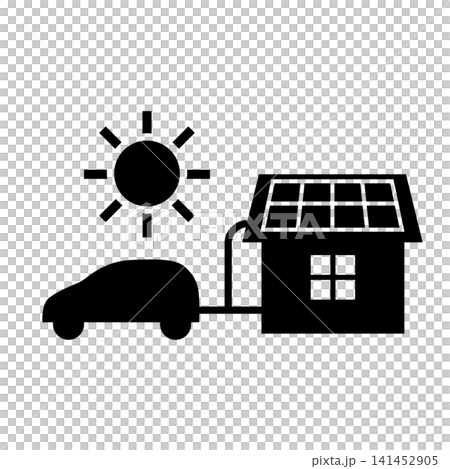 Vector illustration of a system for connecting an EV to a house equipped with solar panels. 141452905