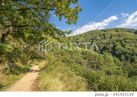 Curve road to the mountains. Scenic dirt road with mountain range. 141453139