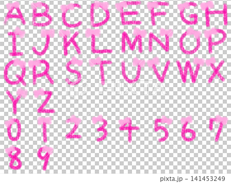 A set of pink, hand-drawn crayon-style ribbon-decorated alphabet and number letters. A set of pink, hand-drawn crayon-style ribbon-decorated alphabet and number letters. 141453249