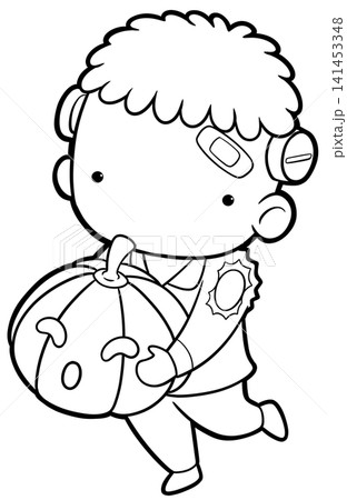 Cute frankenstein boy carrying pumpkin coloring book page, halloween outline 141453348