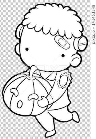 Cute frankenstein boy carrying pumpkin coloring book page, halloween outline 141453348