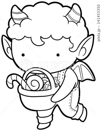 Adorable little devil boy carrying candy basket coloring page, halloween outline Adorable little devil boy carrying candy basket coloring page, halloween outline 141453350