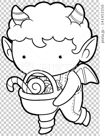 Adorable little devil boy carrying candy basket coloring page, halloween outline Adorable little devil boy carrying candy basket coloring page, halloween outline 141453350
