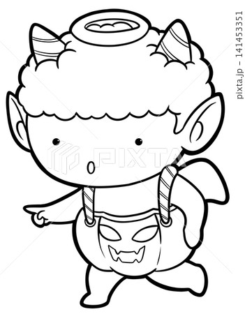 Cute devil monster wearing pumpkin costume pointing hand coloring page, outline art Cute devil monster wearing pumpkin costume pointing hand coloring page, outline art 141453351