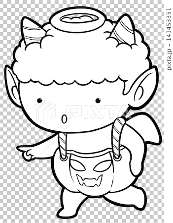 Cute devil monster wearing pumpkin costume pointing hand coloring page, outline art Cute devil monster wearing pumpkin costume pointing hand coloring page, outline art 141453351