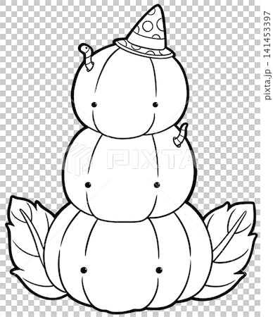 Three stacked halloween pumpkins with cute faces coloring page, autumn outline drawing Three stacked halloween pumpkins with cute faces coloring page, autumn outline drawing 141453397