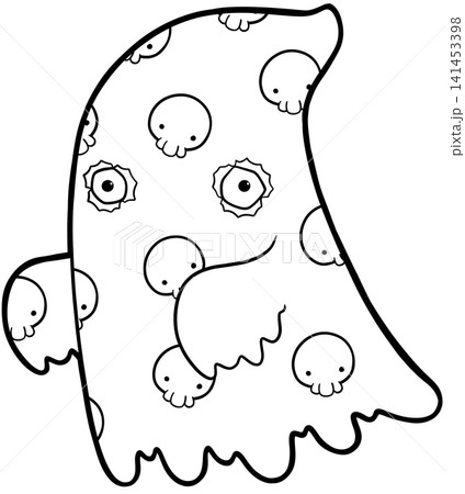 Spooky ghost with skull pattern pattern coloring page, cute halloween outline graphic 141453398