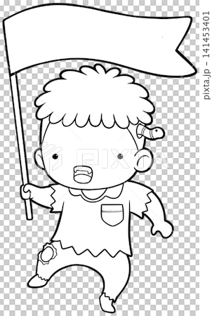Cute zombie boy waving blank flag coloring page, halloween outline vector style Cute zombie boy waving blank flag coloring page, halloween outline vector style 141453401