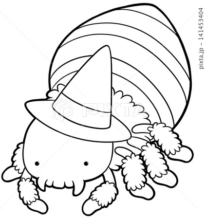 Spooky furry spider wearing pointed witch hat coloring book page, halloween outline 141453404