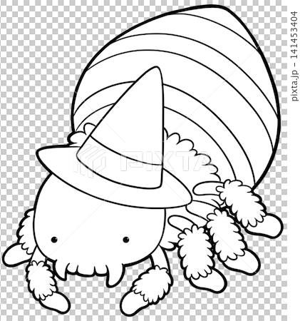 Spooky furry spider wearing pointed witch hat coloring book page, halloween outline 141453404