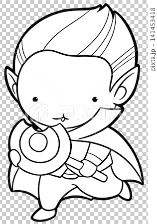 Cute little vampire boy running with large lollipop coloring page, halloween outline 141453418