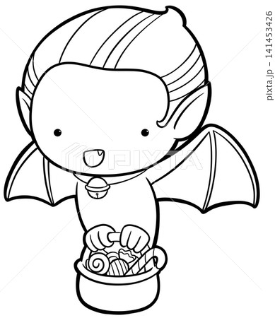 Cute vampire boy flying with candy basket coloring page, halloween outline art 141453426
