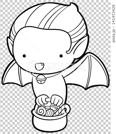 Cute vampire boy flying with candy basket coloring page, halloween outline art 141453426