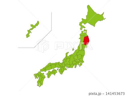 岩手県を赤色で強調した緑色日本地図イラスト素材 141453673