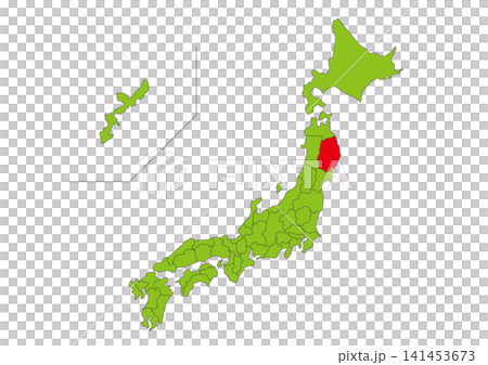 日本地圖插圖(綠色),其中岩手縣以紅色突出顯示。 日本地圖插圖(綠色),其中岩手縣以紅色突出顯示。 141453673