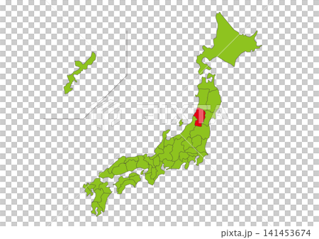 Green map illustration of Japan with Yamagata Prefecture highlighted in red. Green map illustration of Japan with Yamagata Prefecture highlighted in red. 141453674