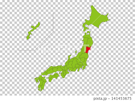 Green map illustration of Japan with Miyagi Prefecture highlighted in red. Green map illustration of Japan with Miyagi Prefecture highlighted in red. 141453675