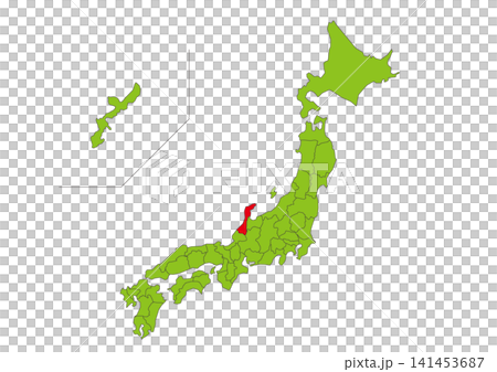 Green map illustration of Japan with Ishikawa Prefecture highlighted in red. Green map illustration of Japan with Ishikawa Prefecture highlighted in red. 141453687