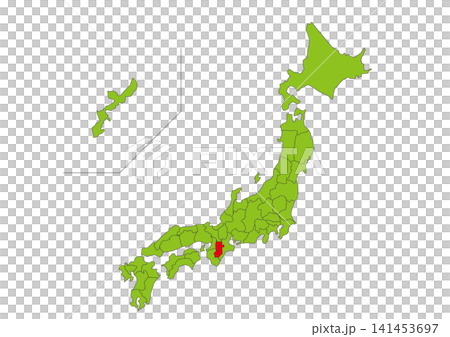 Green map illustration of Japan with Nara Prefecture highlighted in red. 141453697