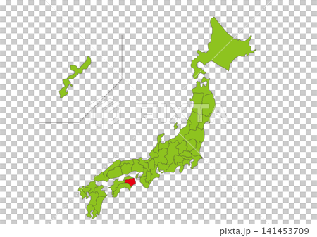 Green map illustration of Japan with Tokushima Prefecture highlighted in red. 141453709