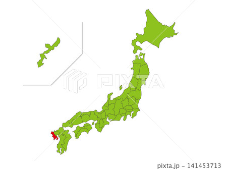 長崎県を赤色で強調した緑色日本地図イラスト素材 141453713