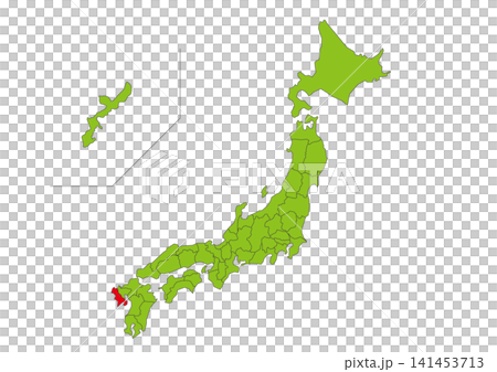 長崎県を赤色で強調した緑色日本地図イラスト素材 141453713