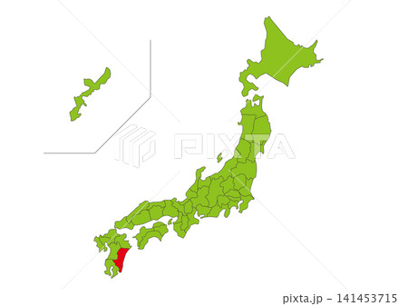 宮崎県を赤色で強調した緑色日本地図イラスト素材 宮崎県を赤色で強調した緑色日本地図イラスト素材 141453715