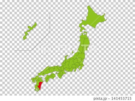 宮崎県を赤色で強調した緑色日本地図イラスト素材 宮崎県を赤色で強調した緑色日本地図イラスト素材 141453715