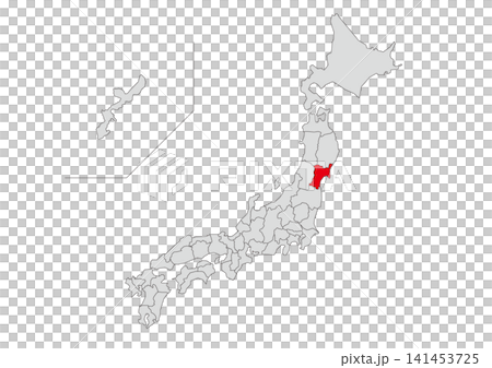 A gray map illustration of Japan with Miyagi Prefecture highlighted in red. 141453725
