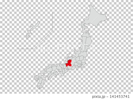 A gray map illustration of Japan with Gifu Prefecture highlighted in red. A gray map illustration of Japan with Gifu Prefecture highlighted in red. 141453741